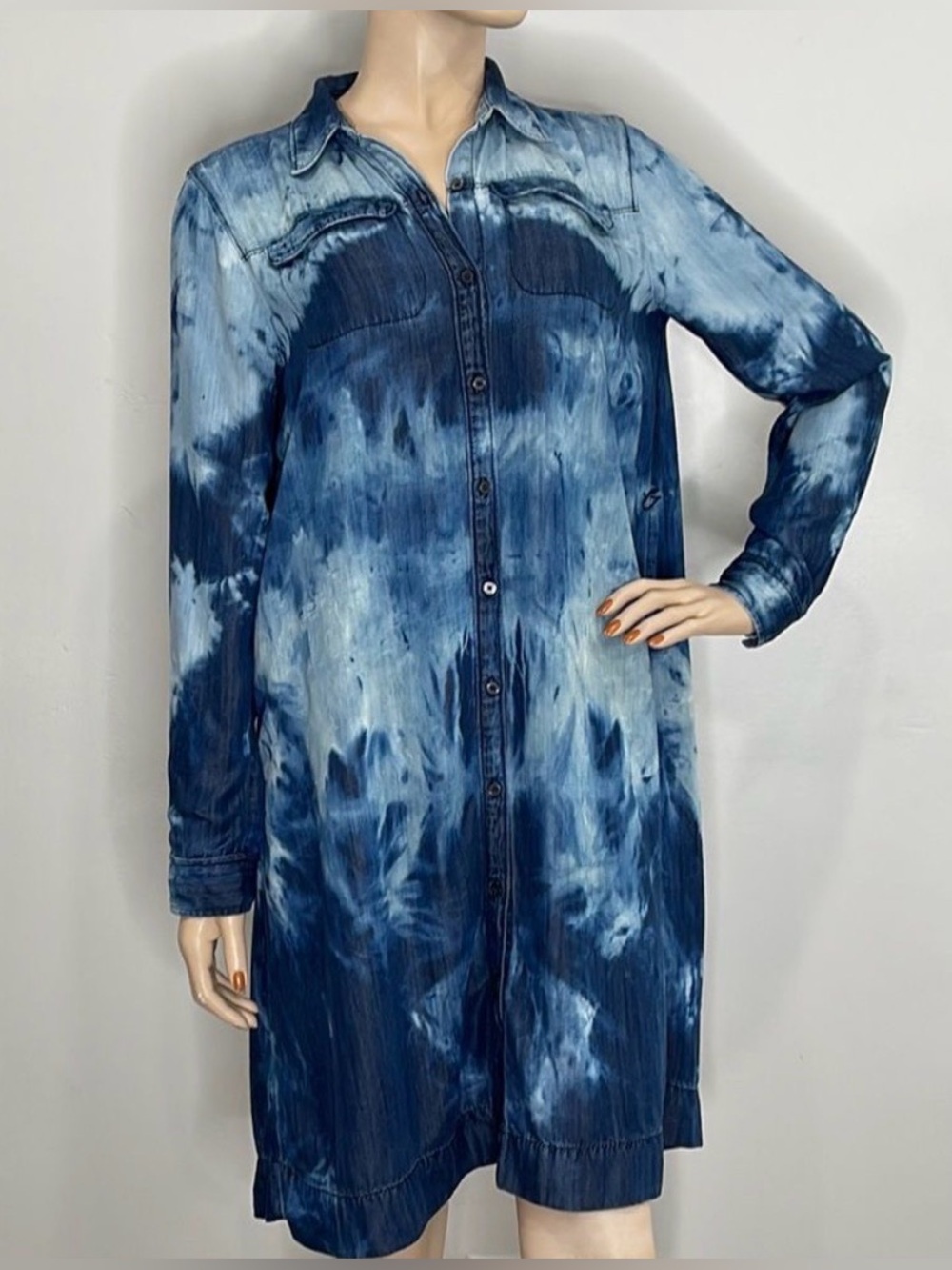 LOFT Bleach Washed Denim Shirt Dress Long sleeves Button down Collar Midi Tunic - Picture 13 of 14